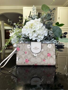 Coach Tan and Chalk Floral Signature Wristlet with Pink and White Floral Accents